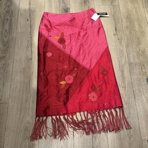Muse Cherry Red Embroidered Fringe Skirt Size 12 NWT 100% Silk Vintage